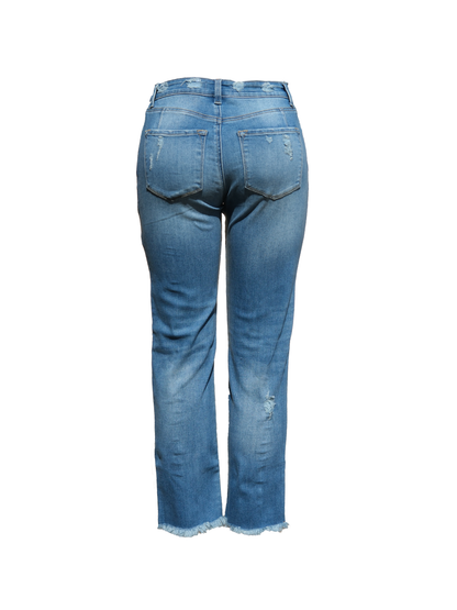 Mid-Wash Straight Jeans with Frayed Hem