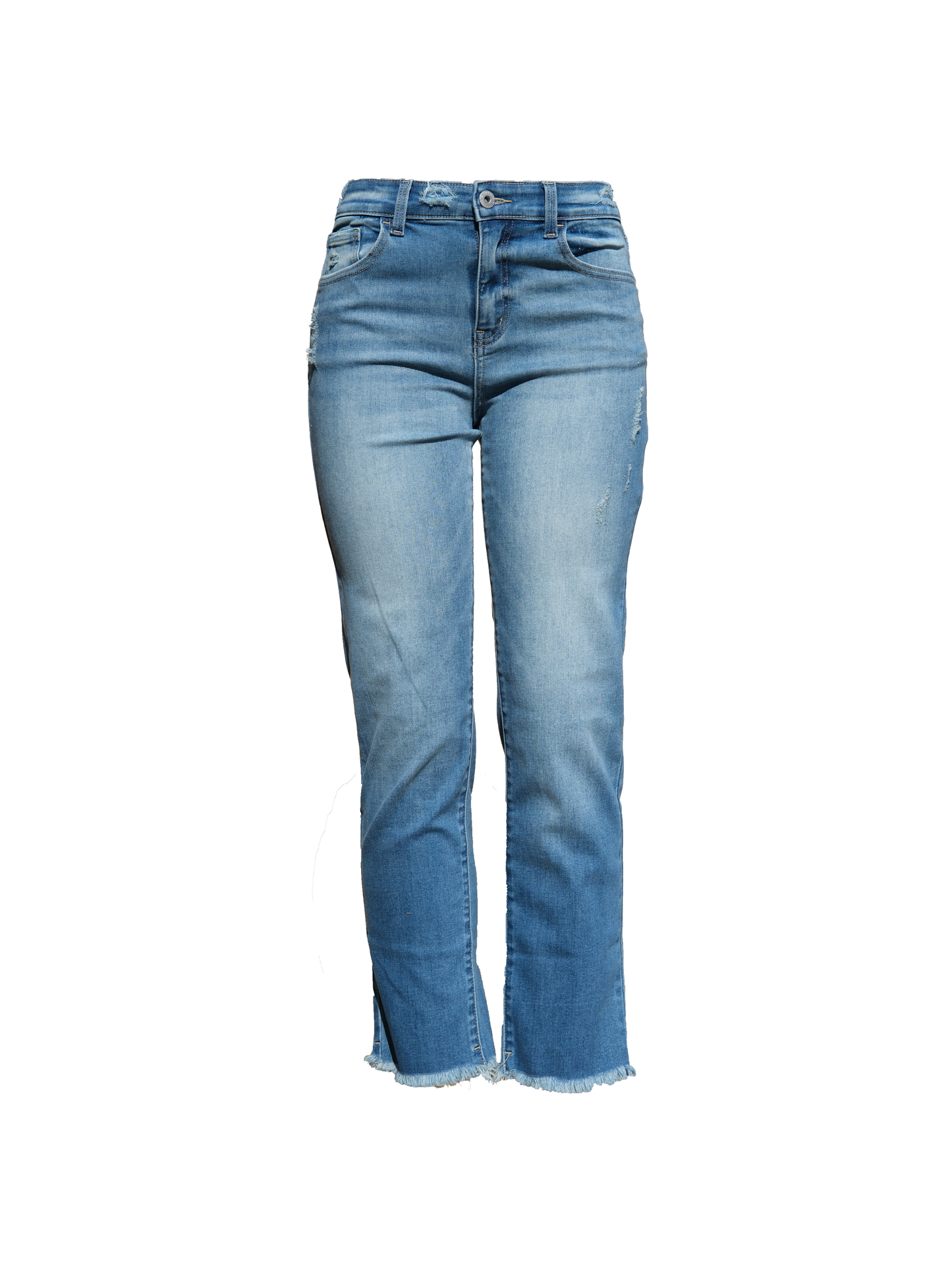 Mid-Wash Straight Jeans with Frayed Hem