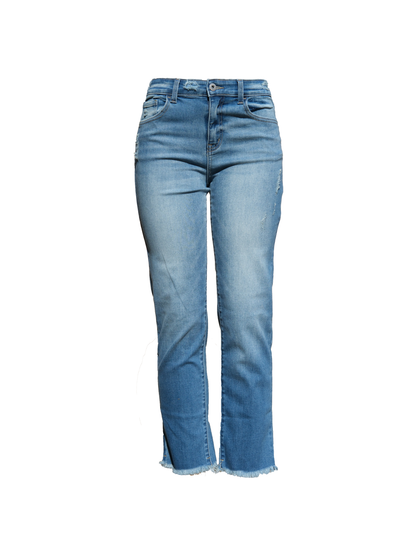 Mid-Wash Straight Jeans with Frayed Hem