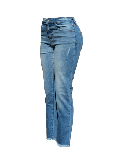 Mid-Wash Straight Jeans with Frayed Hem