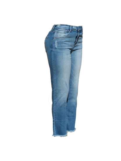 Mid-Wash Straight Jeans with Frayed Hem